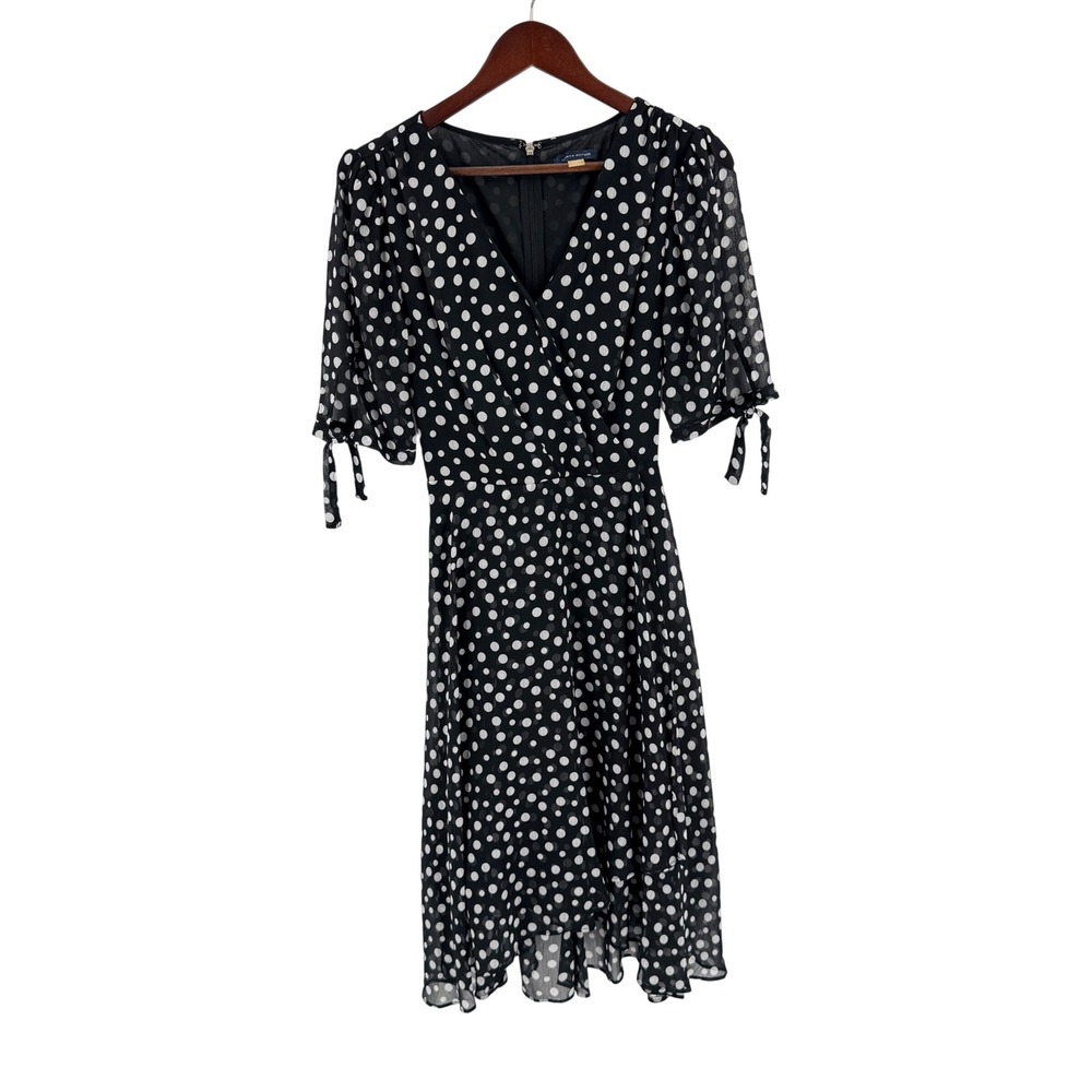 Tommy Hilfiger Black White Polka Dot Faux Wrap Dress 12‎ Retro Classic Midi